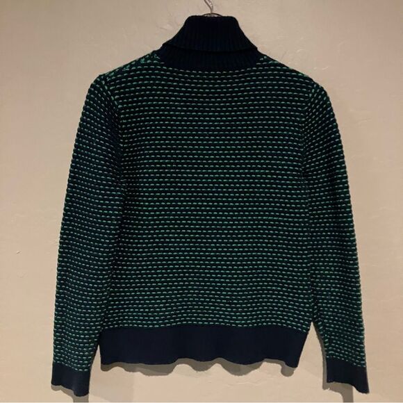 J. Crew Womens Turtleneck Ski Sweater Navy Blue Green Striped Soft Pullover Sz M - Picture 6 of 9